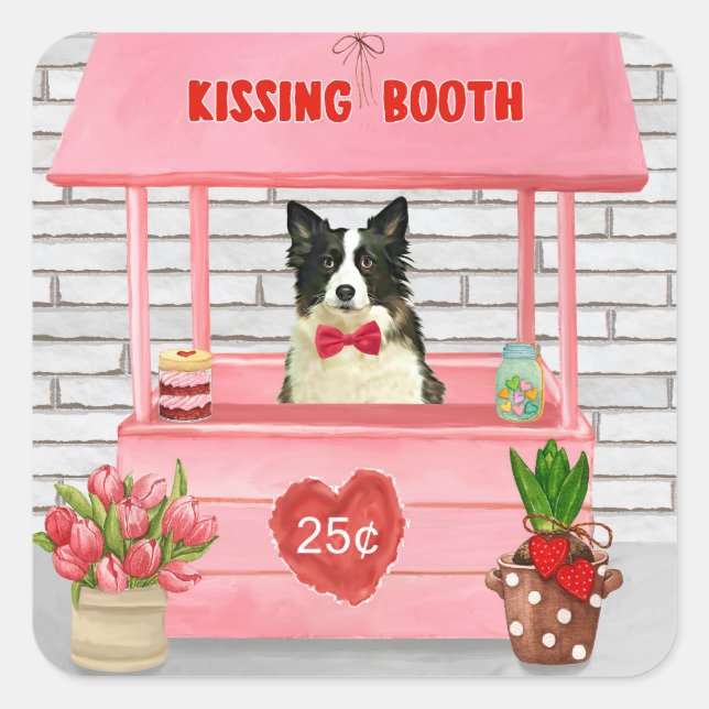 Border Collie Dog Valentine's Day Kissing Booth Quadratischer Aufkleber (Vorderseite)