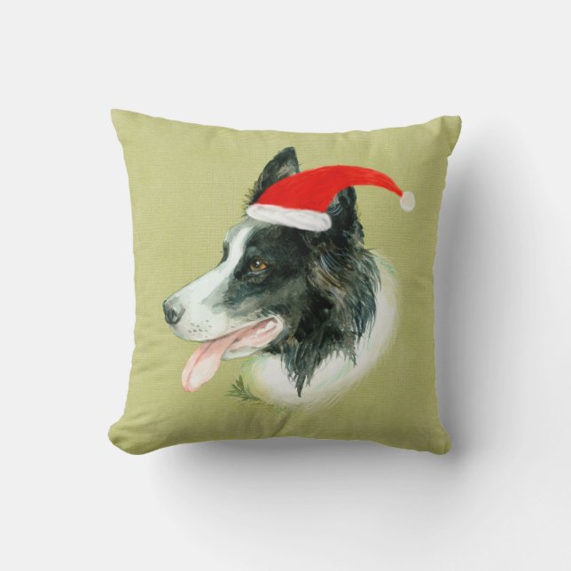 Border Collie Dog w Christmas Weihnachtsmannmütze Kissen (Vorderseite)