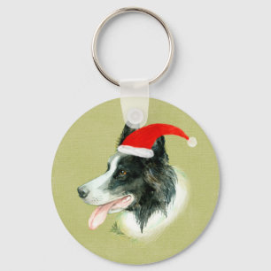 Border Collie Dog w Christmas Weihnachtsmannmütze Schlüsselanhänger