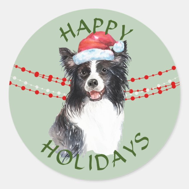 Border Collie Dog Weihnachtsmannmütze Happy Holida Runder Aufkleber (Vorderseite)