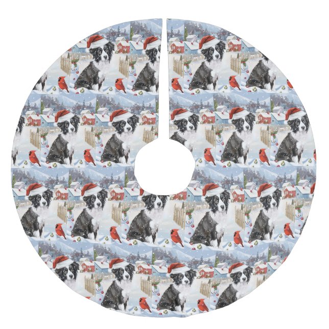 Border Collie Dog Winter Wunderland Weihnachtsfreu Polyester Weihnachtsbaumdecke (Vorderseite)