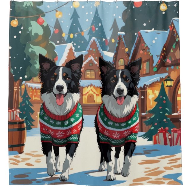 Border Collie Dogs Christmas Snow Holiday Duschvorhang (Vorderseite)