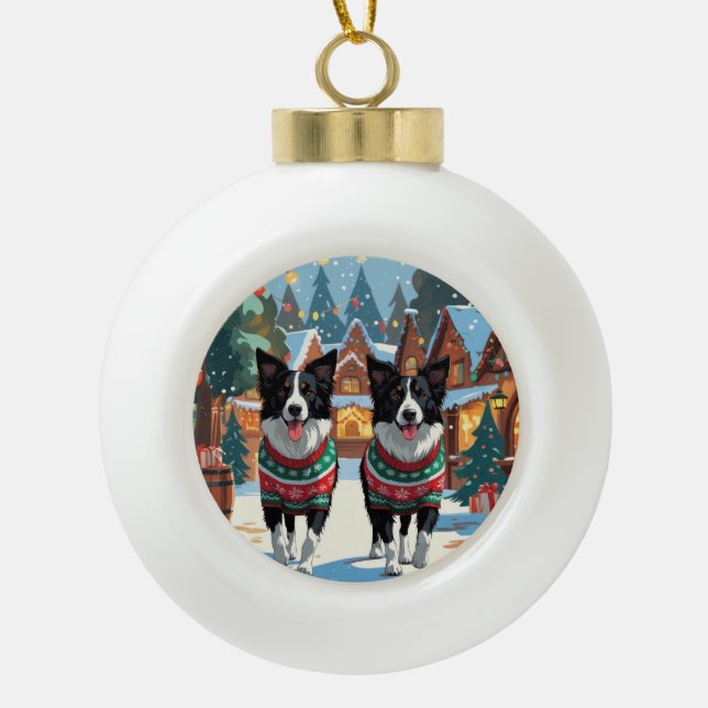 Border Collie Dogs Christmas Snow Holiday Keramik Kugel-Ornament (Vorderseite)