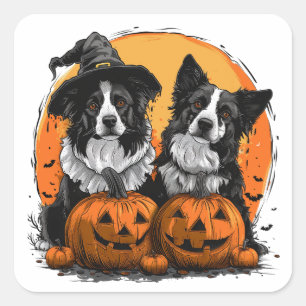 Border Collie Dogs Halloween Kürbislaternen Quadratischer Aufkleber