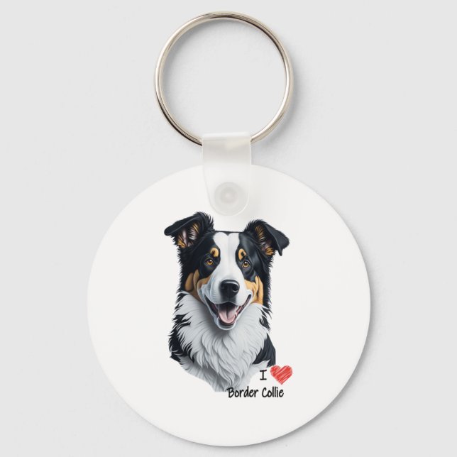 Border Collie face (mit I Liebe Text) Schlüsselanhänger (Vorderseite)