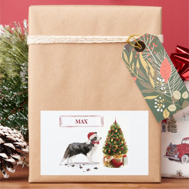 Border Collie Funny Christmas Dog mit Baum Rechteckiger Aufkleber (Feiertag)