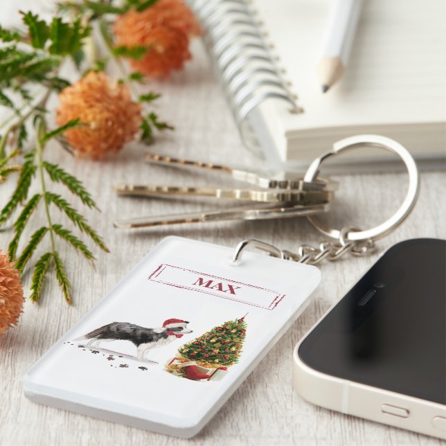 Border Collie Funny Christmas Dog mit Baum Schlüsselanhänger (Vorderseite rechts)