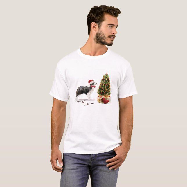 Border Collie Funny Christmas Dog mit Baum T-Shirt (Vorne ganz)