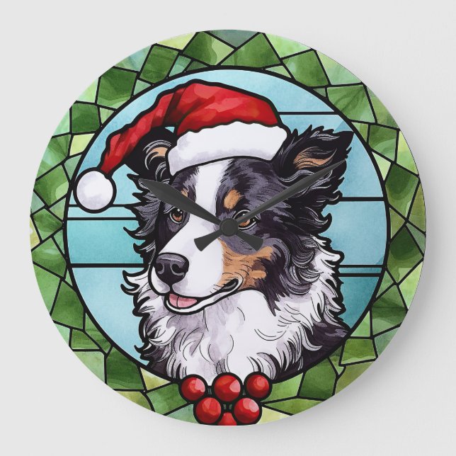 Border Collie gestains Glass Weihnachten Große Wanduhr (Vorderseite)
