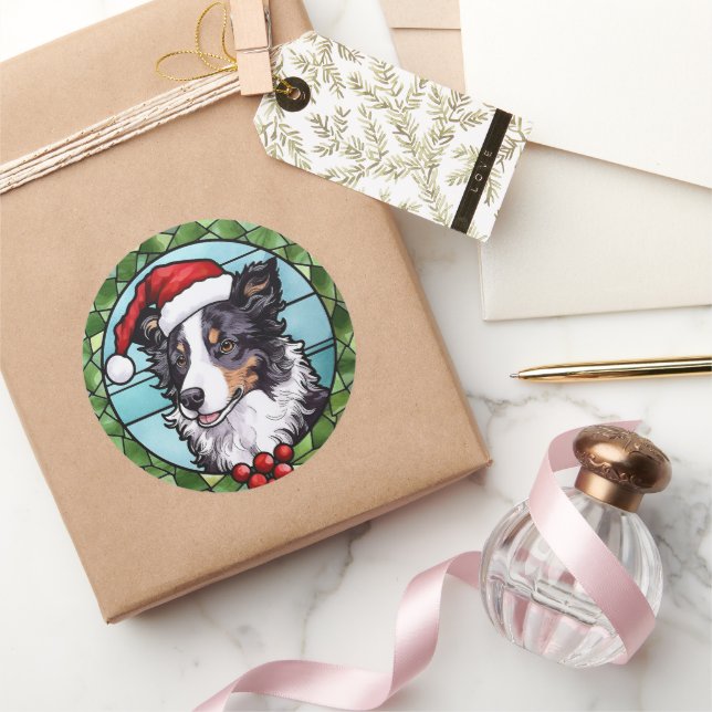 Border Collie gestains Glass Weihnachten Runder Aufkleber (Schenken)
