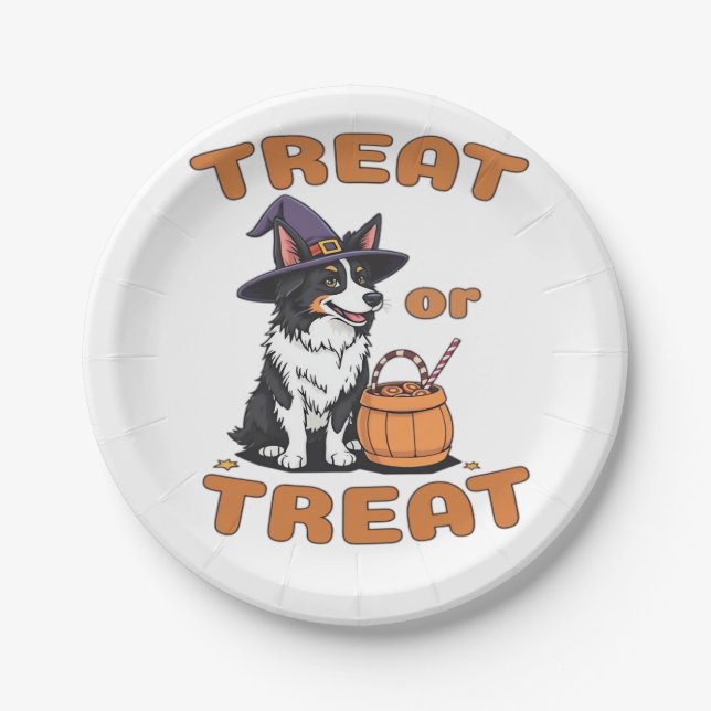 Border Collie Halloween Dog Kostüm "Leckerei oder  Pappteller (Vorderseite)