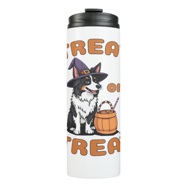 Border Collie Halloween Dog Kostüm "Leckerei oder  Thermosbecher (Vorderseite)