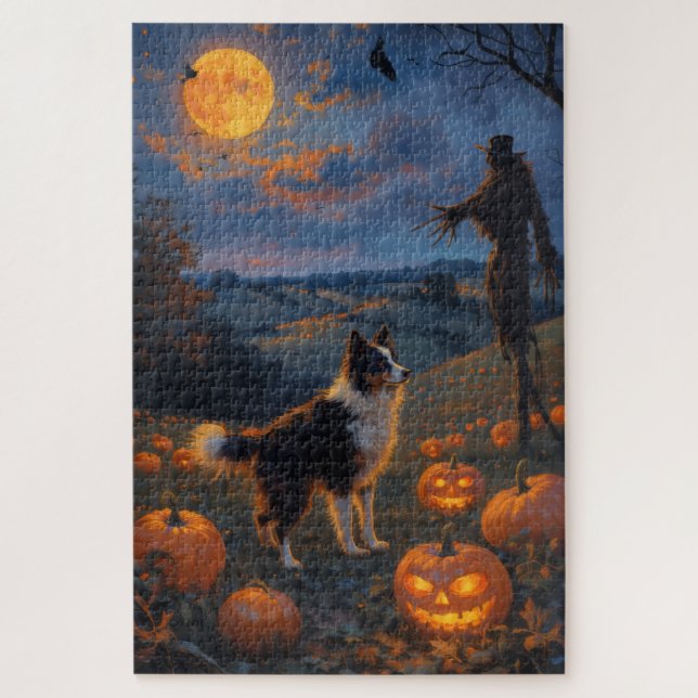 Border Collie Halloween-Kürbisfeld Kunst (Vertikal)