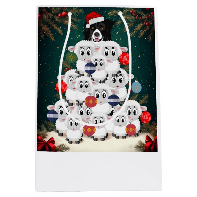 Border Collie Herding Christmas Tree Mittlere Geschenktüte (Vorderseite)