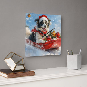 Border Collie Hund im Schlitten Lass es schneien W Quadratische Wanduhr