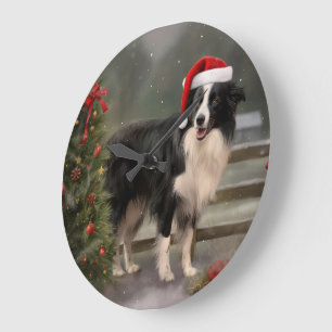 Border Collie Hund im Schnee Weihnachten Große Wanduhr