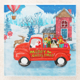 Border Collie Hund im Weihnachtslieferwagen Schnee Glasuntersetzer