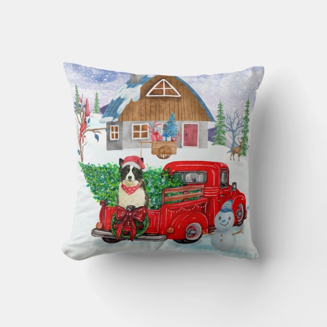 Border Collie Hund in Christmas Delivery LKW Schne Kissen (Vorderseite)