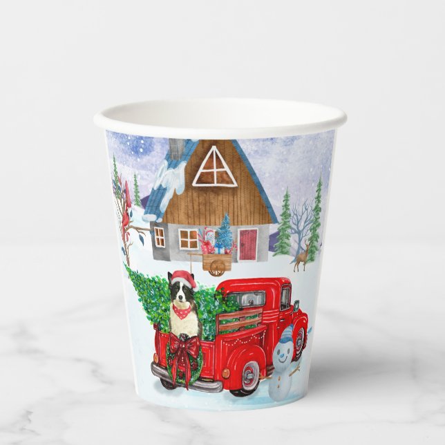 Border Collie Hund in Christmas Delivery LKW Schne Pappbecher (Vorderseite)