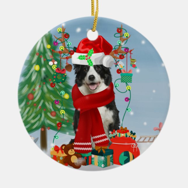 Border Collie Hund in Snow mit Weihnachtsgeschenke Keramik Ornament (Vorne)