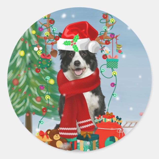 Border Collie Hund in Snow mit Weihnachtsgeschenke Runder Aufkleber (Vorderseite)