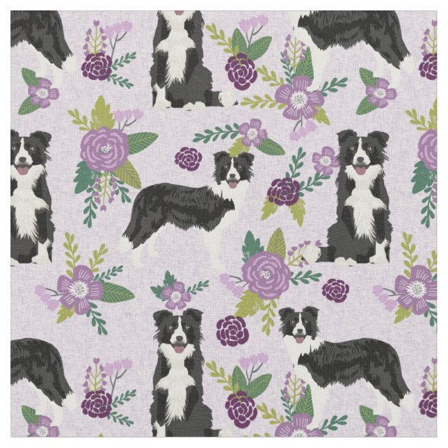 Border Collie Hund lila Flora Stoff (Nahaufnahme)
