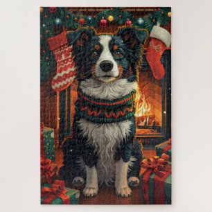Border Collie Hund mit Weihnachtsgeschenken Kamin