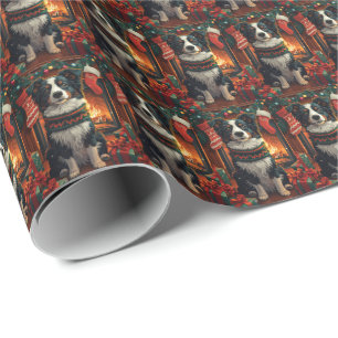 Border Collie  Hund mit Weihnachtsgeschenken Kamin Geschenkpapier