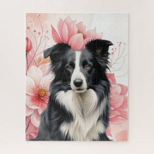 Border Collie Hund und kräftige rosa Lilien