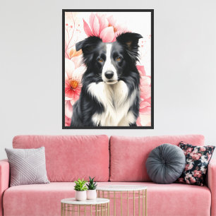 Border Collie Hund und kräftige rosa Lilien Leinwanddruck
