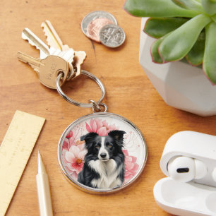 Border Collie Hund und kräftige rosa Lilien Schlüsselanhänger