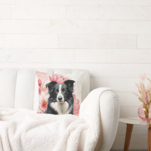 Border Collie Hund und kühne rosa Lilien Kissen