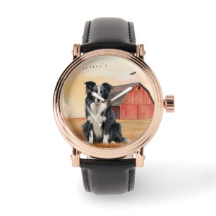 Border Collie Hund und rote Scheune Ranch Armbanduhr