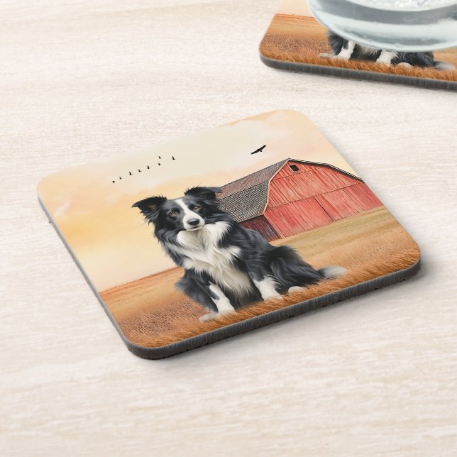 Border Collie Hund und rote Scheune Ranch Getränkeuntersetzer (Linke Seite)