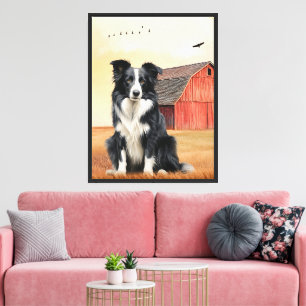 Border Collie Hund und rote Scheune Ranch Leinwanddruck