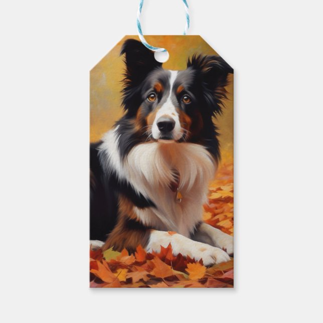 Border Collie im Herbst Leaves Fall Inspiriert Geschenkanhänger (Vorderseite)