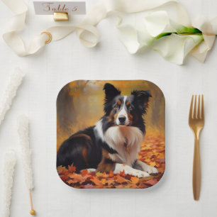 Border Collie im Herbst Leaves Fall Inspiriert Pappteller