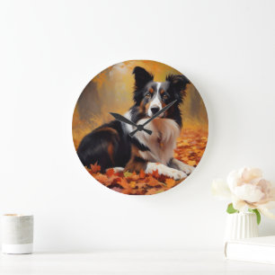Border Collie im Herbstlaubfall inspiriert Große Wanduhr