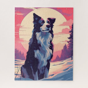 Border Collie im Schneewald bei Sonnenuntergang