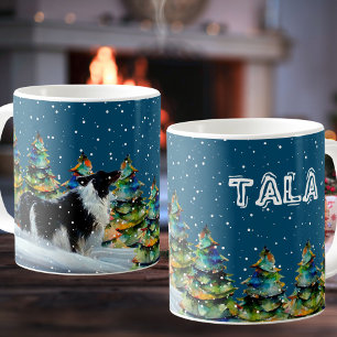 Border Collie im Winter-Schnee-Wald-Weihnachtsbaum Kaffeetasse