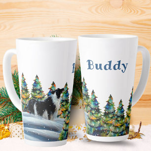 Border Collie im Winter-Schnee-Wald-Weihnachtsbaum Milchtasse