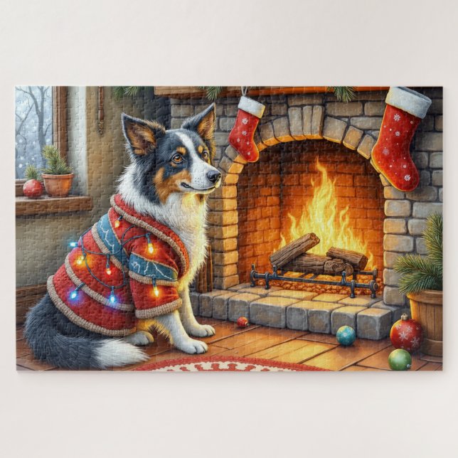 Border Collie Kamin mit Weihnachtslichtern (Horizontal)