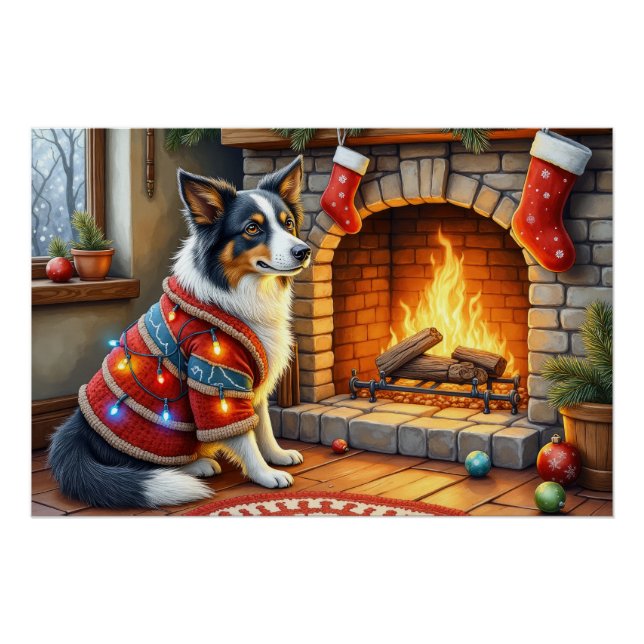 Border Collie Kamin mit Weihnachtslichtern Poster (Vorderseite)