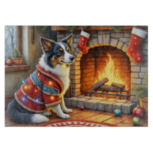 Border Collie Kamin mit Weihnachtslichtern Schneidebrett