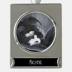 Border Collie Liegt Gemälde Personalisiert Banner-Ornament Silber