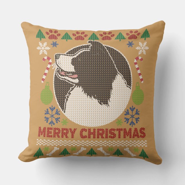 Border Collie Merry Christmas Ugly Sweater Kissen (Vorderseite)