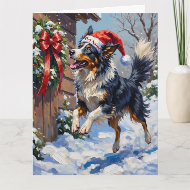 Border Collie Mid-Air Christmas Bow Catch Hat Karte (Vorderseite)