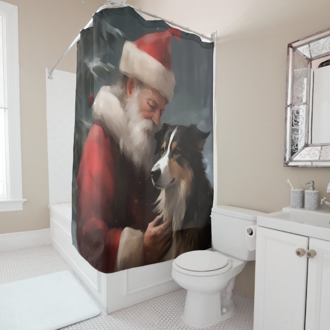Border Collie mit dem Weihnachtsmann Duschvorhang (Beispiel)