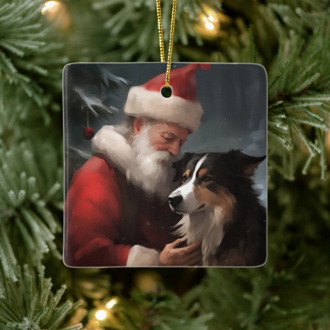 Border Collie mit dem Weihnachtsmann Keramikornament (Baum)