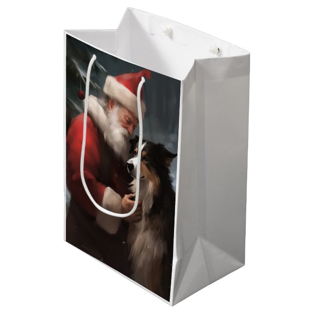 Border Collie mit dem Weihnachtsmann Mittlere Geschenktüte (Vorderseite Schrägansicht)